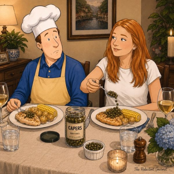 A cartoon of my daughter putting capers on her meal