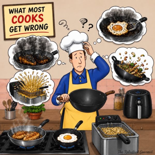 A cartoon of the Reluctant Gourmet thinking about what can go wrong when frying