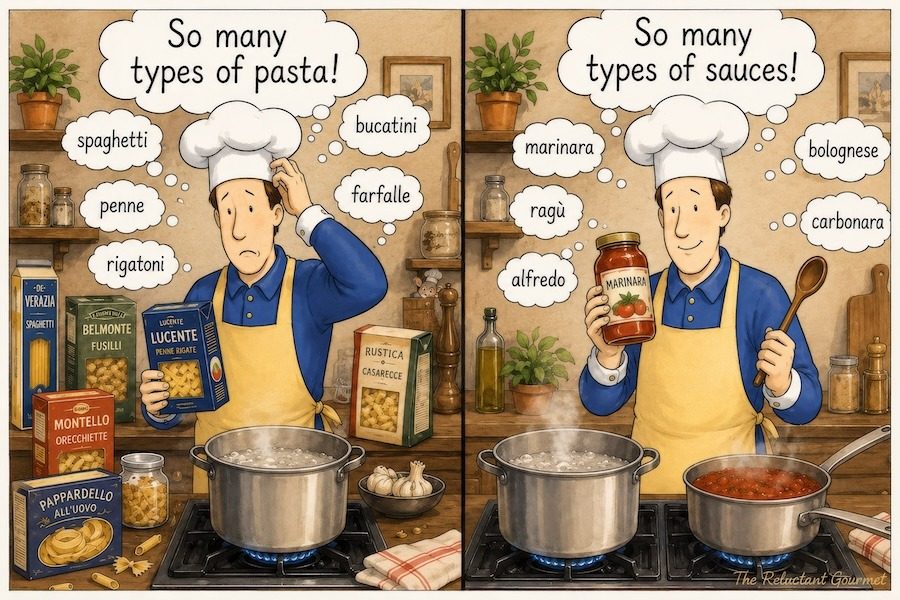 A cartoon of the Reluctant Gourmet realizing there are a lot of pasta types