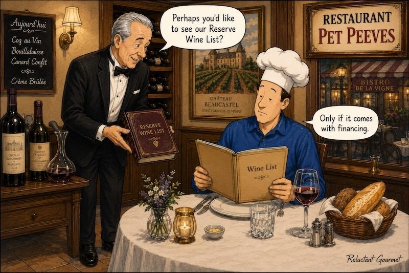 Cartoon of RG and waiter looking at wine lists