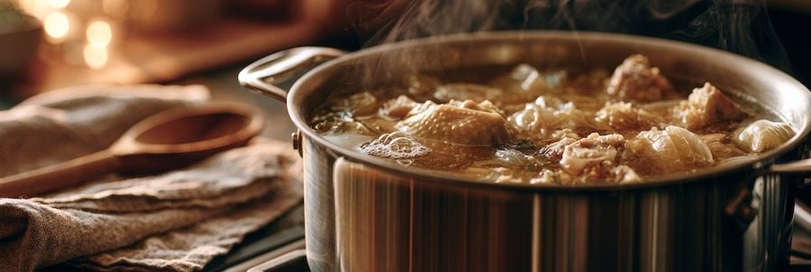 A stock pot filled with chicken stock simmering