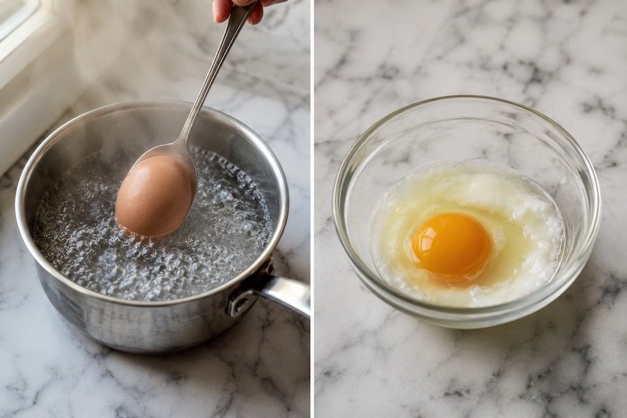 A side-by-side view of boiling an egg for coddling