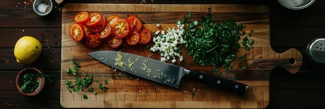 kitchen prep scene, wooden cutting board with neatly prepped ingredients