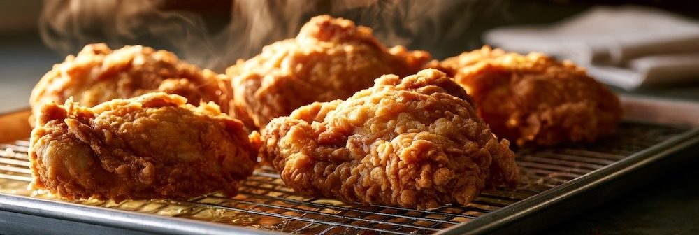 Crisp golden-brown fried chicken pieces resting on a wire rack over a sheet pan