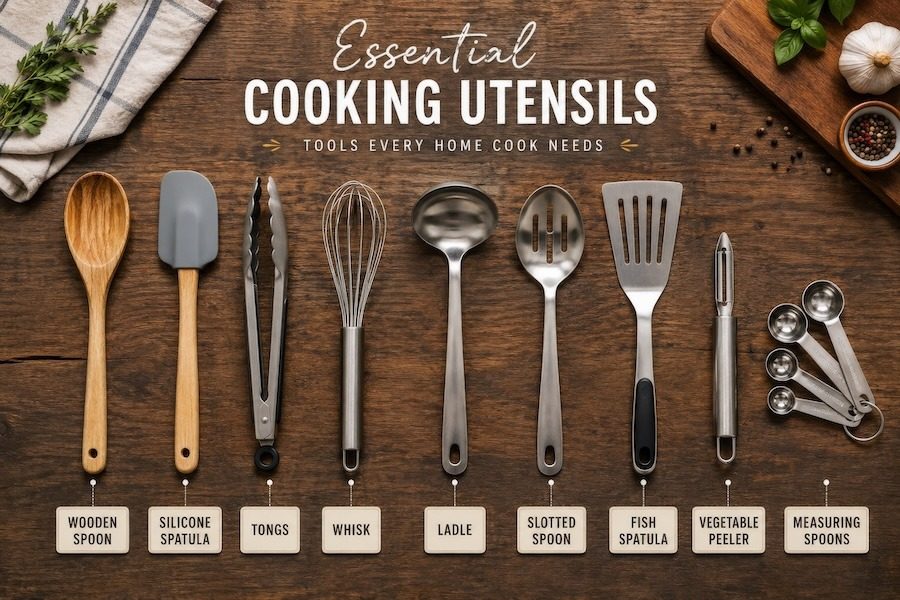 Essential cooking utensils lined up