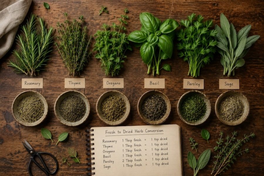 A collection of fresh and dried herbs on a table