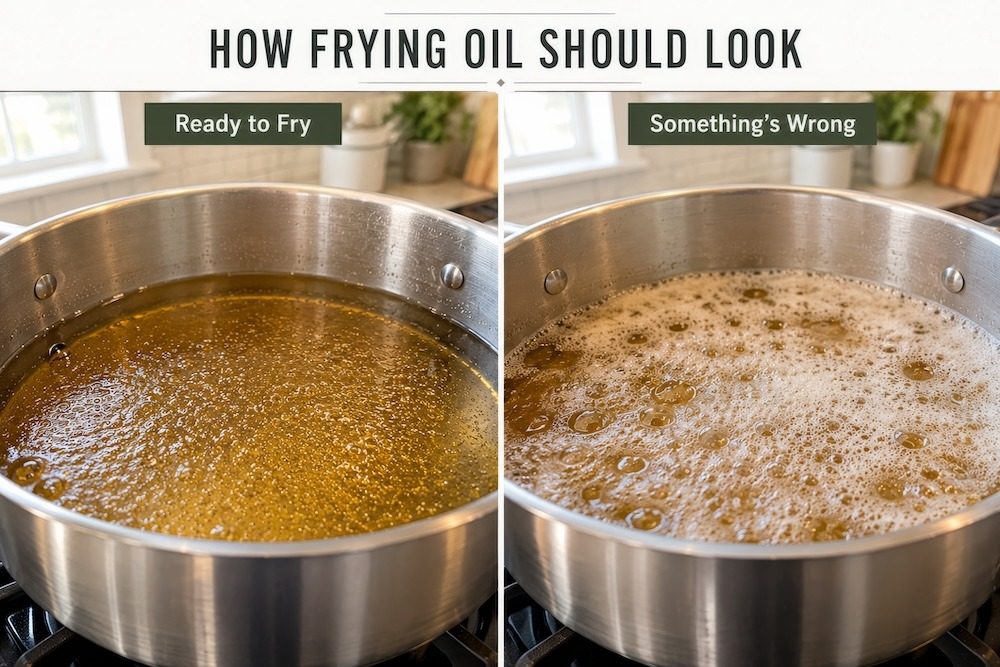 Side-by-side views of frying oil