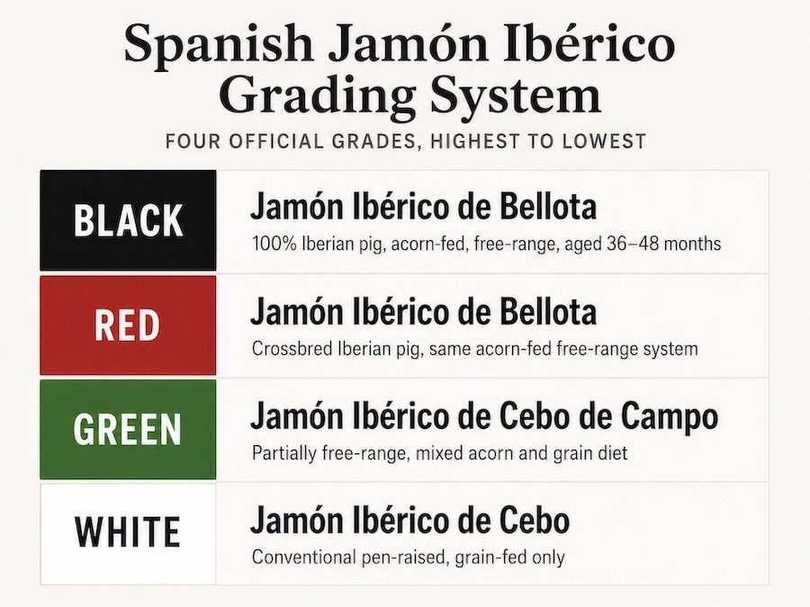 A chart of grading system for Spanish Jamon Iberico