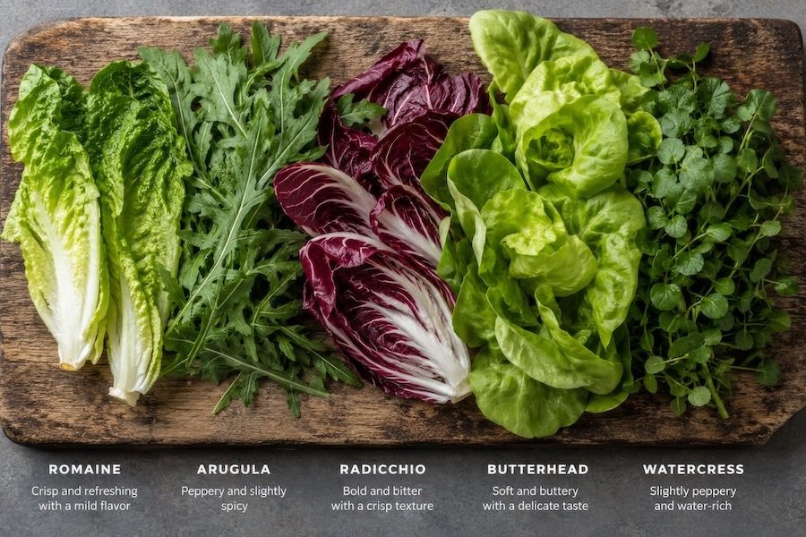 Five types of lettuce on a cutting board