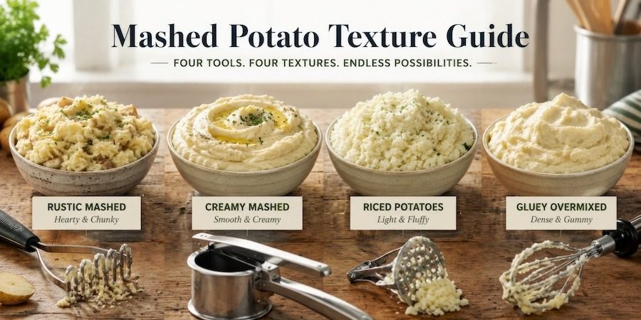 Various mashed potatoes showing different textures