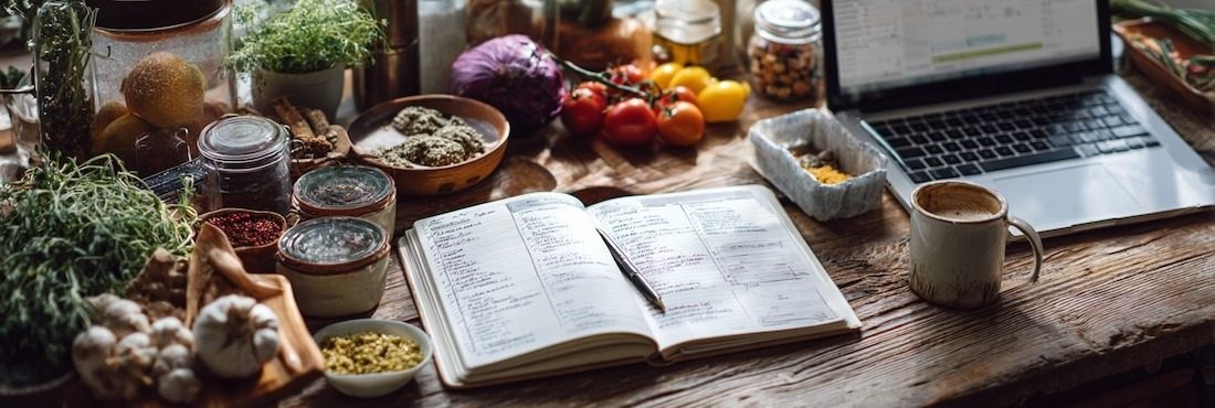 a beautifully organized meal planning workspace