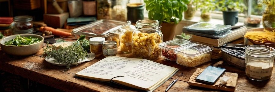 weekly meal planning scene on a rustic kitchen table