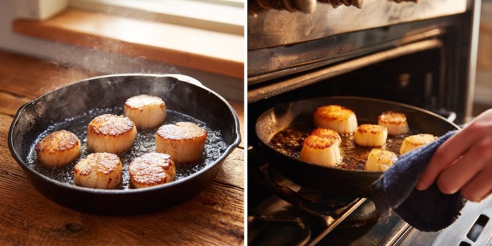 large sea scallops searing in a black cast iron skillet and scallops visible in the pan with a perfect caramel-golden crust