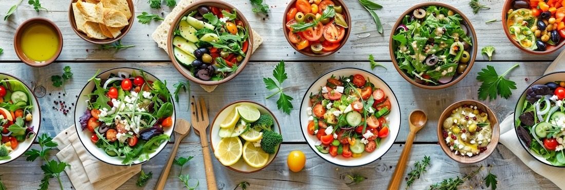 A vibrant collection of fresh salads beautifully arranged across a bright, modern rustic table.