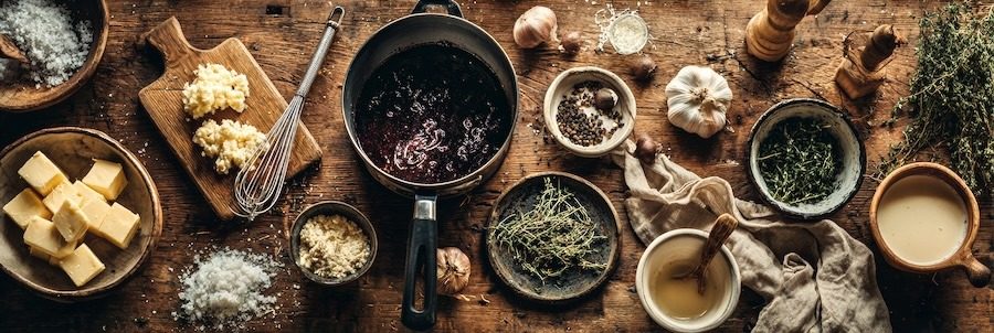 foundations of great sauces arranged naturally across a warm stone countertop