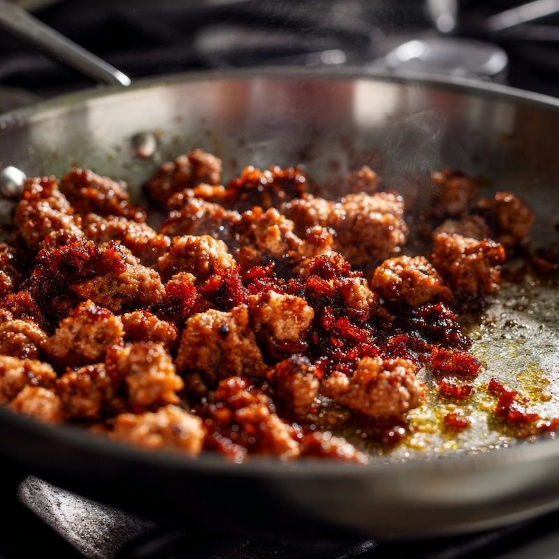 Ground Italian sausage browning in a heavy stainless steel skillet with garlic and tomato paste