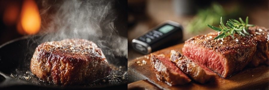 left side showing steak hitting hot cast iron with dramatic sizzling crust, right side showing sliced juicy steak