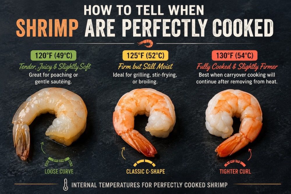 A chart of shrimp doneness by internal temperature.