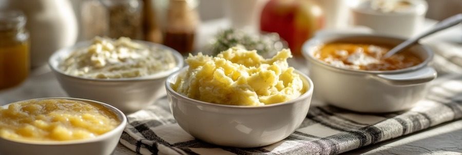 Dental recovery comfort food spread with mashed potatoes, yogurt, scrambled eggs, applesauce