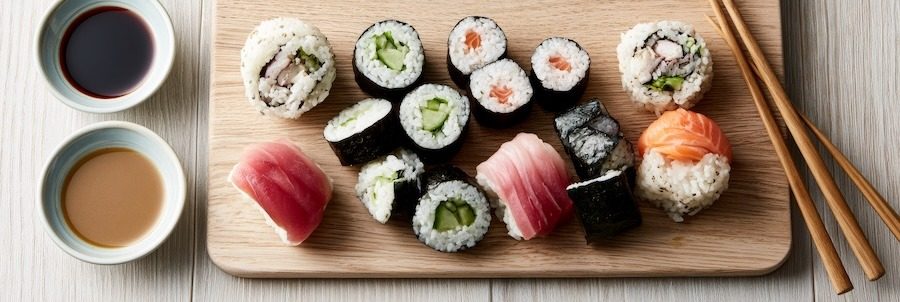 A simple sushi platter with two small dipping dishes one soy sauce, one tamari