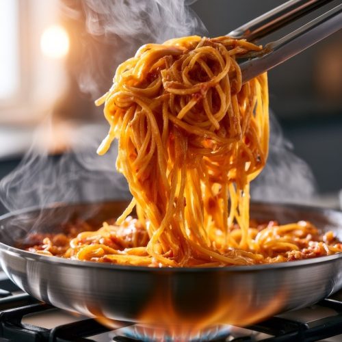 Tongs lifting a tangle of spaghetti from a wide saute pan