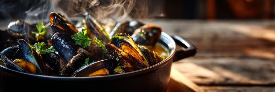 A large black pot overflowing with steamed mussels