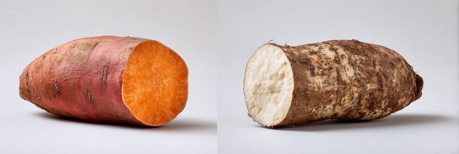 Side-by-side comparison of a sweet potato and a true yam on a clean white background