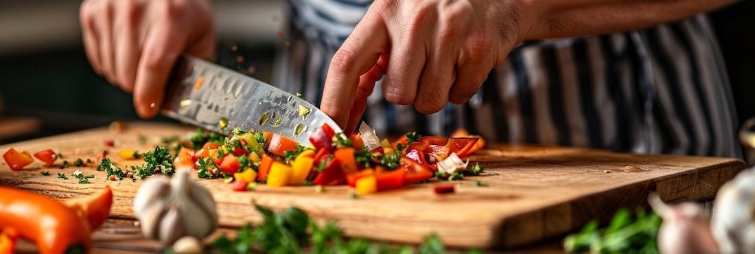 Cook chopping colorful vegetables on a wooden cutting board