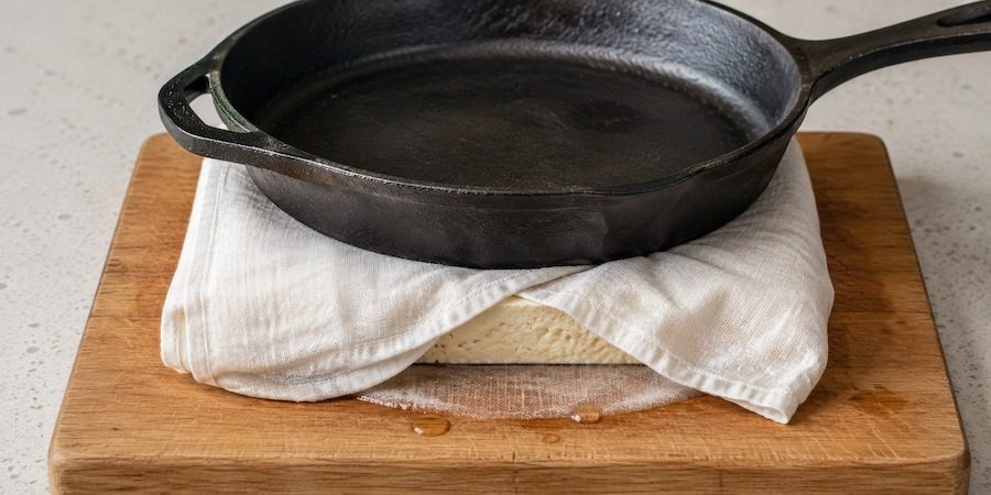A cloth covered block of tofu being pressed with a cast iron pan