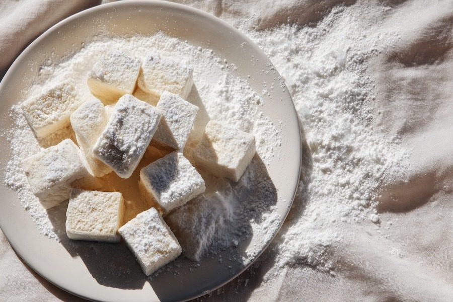 Pressed medium-firm tofu cubes being dusted in white potato starch