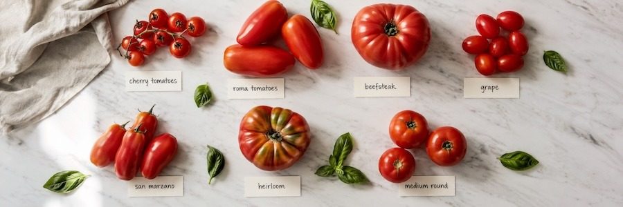 Various tomato varieties labeled.