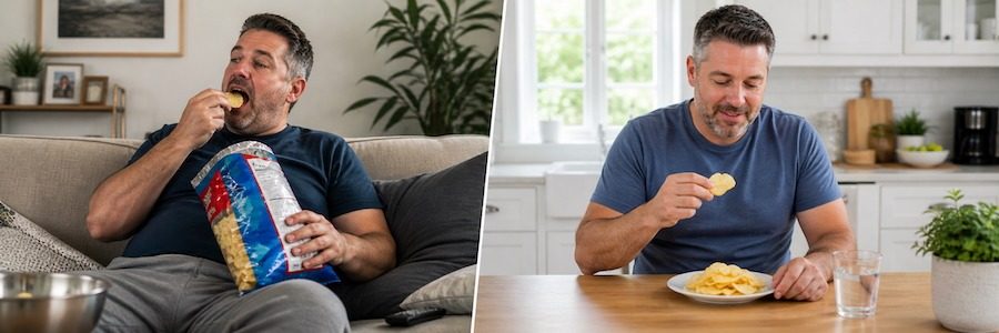 A man eating potato chips on the couch